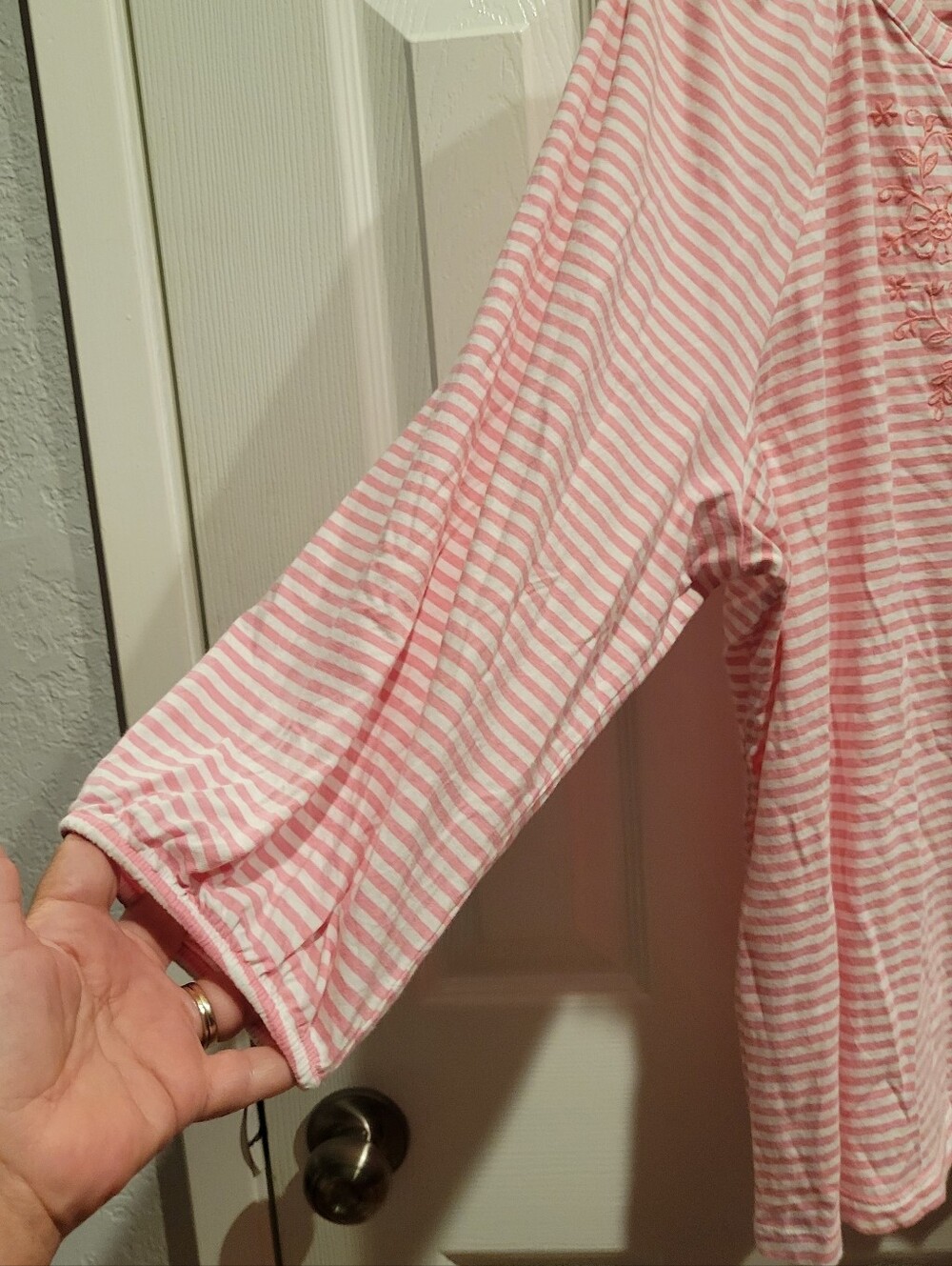 St. Johns Bay Striped Pink Embroidered Women's Top - Picture 3 of 4
